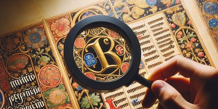 A digital image of a medieval manuscript is being examined by a magnifying glass